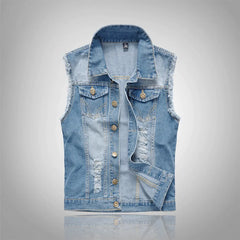 HEARUJOY - Men's Big Size New Slim-fit Denim Vest Vest with Ripped Lapel Single Breasted Denim Vest Coat
