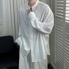 HEARUJOY - Korean Style Men's Casual Shirts Stand Collar Solid Color Single Breasted Loose Long Sleeved Male Tops New Summer