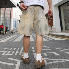 HEARUJOY - Yellow mud-dyed, washed and worn-out holes straight denim cropped pants. Retro men's summer straight thin shorts are fashionable