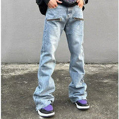 HEARUJOY - Y2K Fashion Zipper Retro Washed Baggy Flare Jeans Pants Men Streetwear Hip Hop Wide Leg Straight Denim Trousers Ropa Hombre