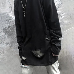 Hearujoy Spring Autumn Fashion High Street Trendy Hip-Hop Ripped Solid Color Bottoming Shirt Retro Distressed Loose Long-Sleeved Top