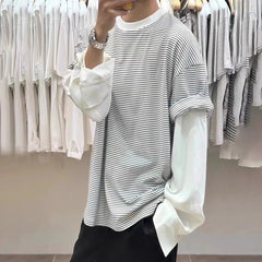 Hearujoy Mens T-Shirt Long Sleeve Y2K Japanese Striped Youthful Top Fake Two-Piece Oversize Niche Fashion Campus T-Shirt Men'S Clothing