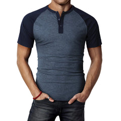 HEARUJOY - For Fitness For Gym Mens Splicing T-shirt Muscle Fitness Blouse V-neck Buttons Polyester Fabric Slim Fit For Men