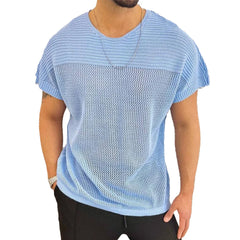 HEARUJOY - Comfort Men Top T-shirts O Neck Hollow Out Knitted Knitting Loose Regular Short Sleeve Solid Sports Stylish Summer