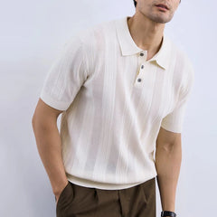 HEARUJOY - Men's Solid Color Striped Knitted Short-Sleeved Polo Shirt Retro Fashion Trend Casual Simple Loose Breathable Summer Men's Tops
