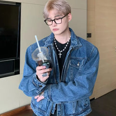 HEARUJOY - Blue Retro Denim Jacket Mens Spring Korean Washed Double Layered Collar Cowboy Coats Pockets Loose Hip Hop Outwear Y2K