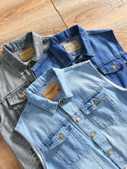 HEARUJOY - Heavy-Duty Washed Spring Men's Japanese Casual Lapel Denim Vest Sleeveless Tank Jacket Amekaji American Vintage