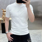 HEARUJOY - Men Korean Fashion Rhinestone Luxury Jacquard Knitted T Shirt Summer High Street White Round Neck Short Sleeve Slim Basic Tops