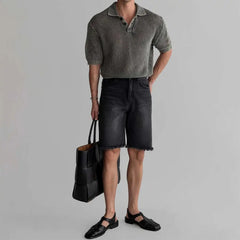 HEARUJOY - Men's Knitted Hollow Short-Sleeved Polo Shirt American Retro Fashion Trend Street Loose Breathable Casual Niche New Men's Tops