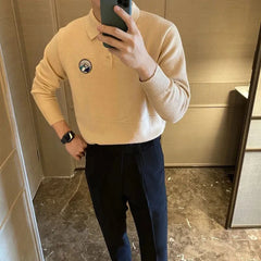 Hearujoy Mens Embroidered Knitted Sweater 2024 New Genderless Fashion Versatile Youth Retro Solid Color Lapel Knitted Sweater Unisex