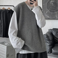 HEARUJOY - Men's Knitted Sweater Spring Autumn Casual Vest Korean Fashion Solid Sleeveless Baggy Knit Bottoming Vest Male Clothes R106