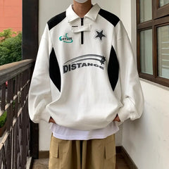 Hearujoy Korean Fashion Polo Shirt Spring and Fall Streetwear Long-sleeved Half-zip Printed Sweatshirt Men Retro High Street Coat Blouse