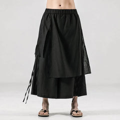 Hearujoy Mens Double Layer Irregular Chinese Style Casual Culottes Genderless 2024 New Fashion Retro Solid Color Wide Leg Pants Unisex