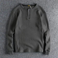 HEARUJOY - American Tough Guy Style Knitted Waffle Fabric Henley Long Sleeve T-Shirt Men's Autumn Winter Daily Versatile Youth Base Layer