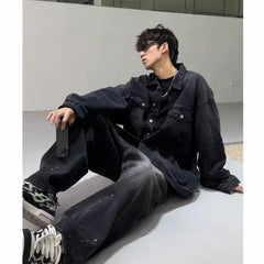 HEARUJOY - High Street Washed Denim Jacket Mens Trends New Spring Streetwear Single Breasted Casual Hip Hop Coats Loose Cowboy Outwear