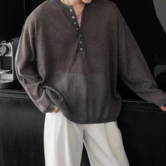 HEARUJOY - Stylish Knitted Henley T Shirts Mens Trendy Long Sleeve Button Hollow Out Knit T-shirt Spring Autumn Casual Men's Knitting Tops