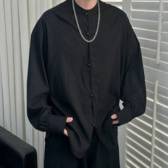 HEARUJOY - Korean Style Men's Casual Shirts Stand Collar Solid Color Single Breasted Loose Long Sleeved Male Tops New Summer