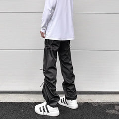 Hearujoy Side Elastic Waist Drawstring Black Cargos for Men Pantalones Hombre Baggy Y2k Straight Overalls Oversized Functional Trousers