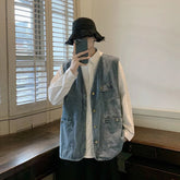 Hearujoy Japanese Retro Coat Distressed Workwear Denim Vest Korean Style Men's Trendy Loose Casual Solid Color Sleeveless Vest Jacket