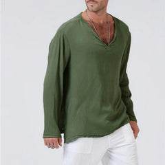 HEARUJOY - Spring New Men's Cotton and Linen Solid Color V-neck Casual Retro Loose Large Size Long Sleeve T-shirt Shirt