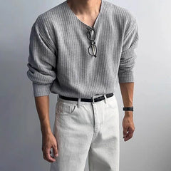 HEARUJOY - Autumn Men's Solid Color Knitted Long-Sleeved T-Shirt American Retro Fashion Trend Loose Street Casual Breathable Men's New Tops