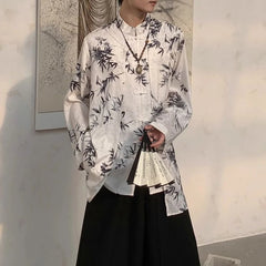 HEARUJOY - New Autumn And Winter Chinese Style Stand-Up Collar Button Bamboo Shirt Unisex Fashion Casual Loose Printed Long-Sleeved Shirt