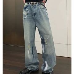 HEARUJOY - Street Graffiti Mens Jeans Autumn High Street Color Blocked Washed Wide Legs Cowboy Pants Loose Straight Tube Denim Trousers