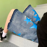 HEARUJOY - New Summer Oversized Denim Shorts Mens American Street Star Pattern Washed Cowboy Capris High Street Straight Wide Leg Capris