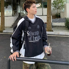 HEARUJOY - Spring American Trendy Mens T-shirt Spring Autumn Hip Hop Emblem Embroidery Long Sleeved Tops Color Block Loose Male Tees