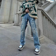 HEARUJOY - Hole Ripped Straight Baggy Men Flare Jeans Pants Patchwork Distressed Washed Vintage Loose Punk Denim Trousers