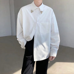 HEARUJOY - Mens Shirt Metal Decoration Business Casual Shirt British Elegant Commuting Solid Color Simple Long-Sleeve Top Men'S Clothing