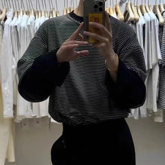 Hearujoy Mens T-Shirt Long Sleeve Y2K Japanese Striped Youthful Top Fake Two-Piece Oversize Niche Fashion Campus T-Shirt Men'S Clothing