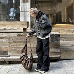 HEARUJOY - Mens Hooded PU Leather Jacket Fashion Gradient Color Retro Coat Zipper Men's Motorcycle Zipper Outwear Spring High Street Coat