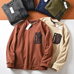 HEARUJOY - Men's Round Neck Casual Fleece Sweater Shirt Trend Versatile Chest Zipper Pocket Warm Pullover Tops