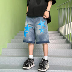 HEARUJOY - New Summer Oversized Denim Shorts Mens American Street Star Pattern Washed Cowboy Capris High Street Straight Wide Leg Capris