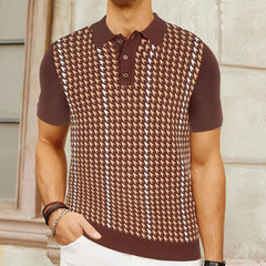 HEARUJOY - Summer New Men's Houndstooth Jacquard Short-Sleeved Knitted Polo Shirt Retro Fashion Trend Casual Loose Daily Business Mens Tops