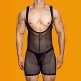 Hearujoy Mens sexy tight-fitting solid color mesh see-through jumpsuit shaping breathable sexy suspenders home underwear for men