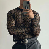 Hearujoy Mens autumn sexy see-through hollow long-sleeved lace T-shirt genderless fashion slim black breathable printed top for men