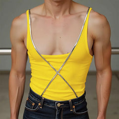 HEARUJOY - Men Tank Tops Shiny Patchwork U-neck Sleeveless Sexy Male Vests Streetwear Summer Fashion Skinny Men Clothing S-5XL