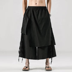 Hearujoy Mens Double Layer Irregular Chinese Style Casual Culottes Genderless 2024 New Fashion Retro Solid Color Wide Leg Pants Unisex