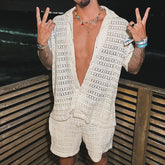 HEARUJOY - Summer Men's Knit Hollow Out Suits Sexy Jacquard Mesh Short Sleeve Shirt And Shorts Two Piece Set Fashion Knitted Sports Outfits