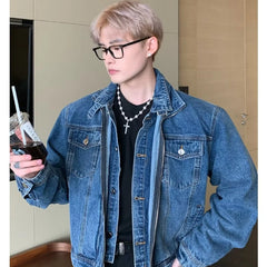 HEARUJOY - Blue Retro Denim Jacket Mens Spring Korean Washed Double Layered Collar Cowboy Coats Pockets Loose Hip Hop Outwear Y2K