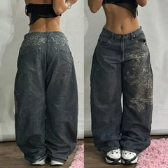 Hearujoy Y2K New Embroidered Jeans Retro Harajuku Oversize Casual Pants Men's and Women's Street Hip Hop Punk High Waist Wide Leg Pants