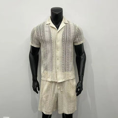 HEARUJOY - Summer Men's Knit Hollow Out Suits Sexy Jacquard Mesh Short Sleeve Shirt And Shorts Two Piece Set Fashion Knitted Sports Outfits