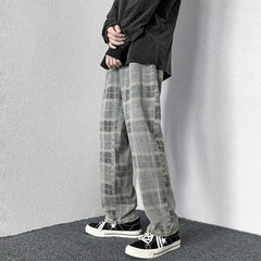 Hearujoy Plaid Jeans Denim Pants Men Korean Wide Leg Checked Trousers Male Distressed Streetwear Bottoms Harajuku Vintage