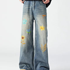 HEARUJOY - Hip Hop Trendy Jeans Mens Flower Embroidery Loose Straight Tube Cowboy Pants Size M-3XL Multiple Pockets Denim Trousers Male