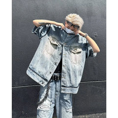 HEARUJOY - Short Sleeved Mens Denim Jackets Summer Fur Edge Retro Trend Tooling Cowboy Tops Hip Hop Multiple Pockets Shoulder Pads Shirts