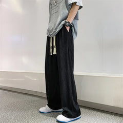 Hearujoy Summer Ice Silk Pants Men Fashion Oversized Wide Leg Pants Men Japanese Streetwear Hip Hop Loose Pleated Pants Mens Trousers