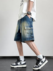 HEARUJOY - Summer Denim Shorts Men Korean Fashion Wide Leg Straight Jean Short Male Multi-Pocket Loose Fit Denim Cargo Shorts