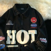 Hearujoy Vintage collar long-sleeved T-shirt spring American patch embroidered sweatshirt couple grunge baseball uniform shirt